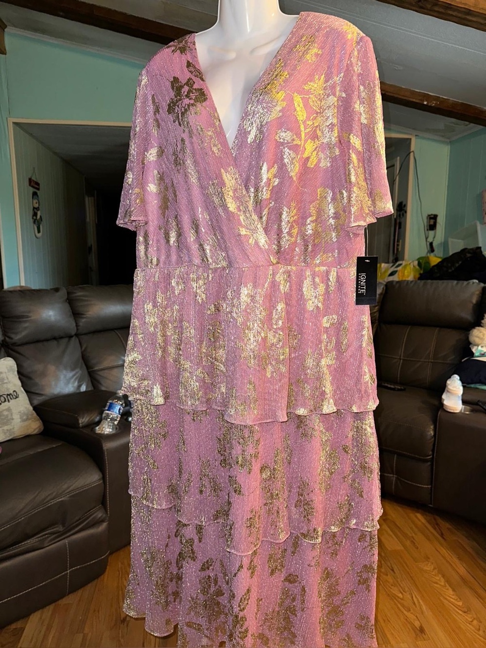Blush Pink Metallic Floral Tiered Maxi Dress